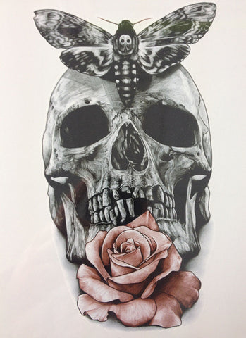 Skull With Moth And Flower Waterproof Temporary Tattoo