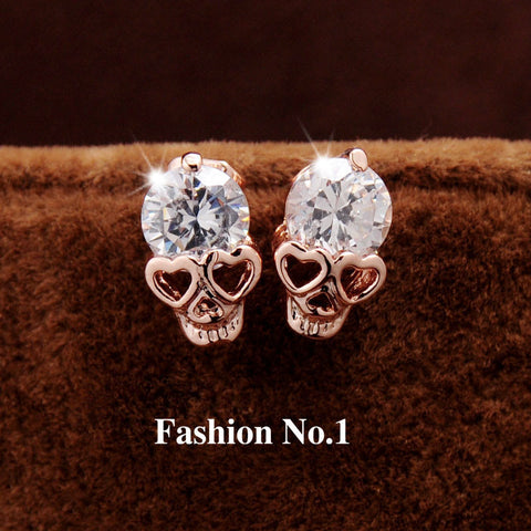 Gold Plated Skull Stud Earrings CZ  Diamond 18K