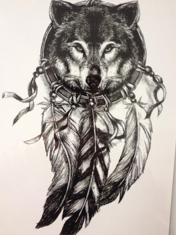 Wolf With Feather Waterproof Temporary Tattoo